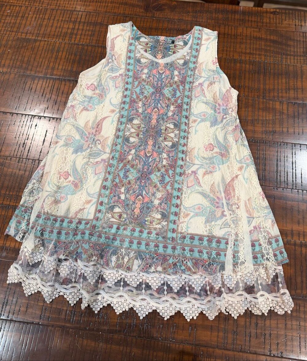 Origami lace mini tank dress tunic L bohemian romantic